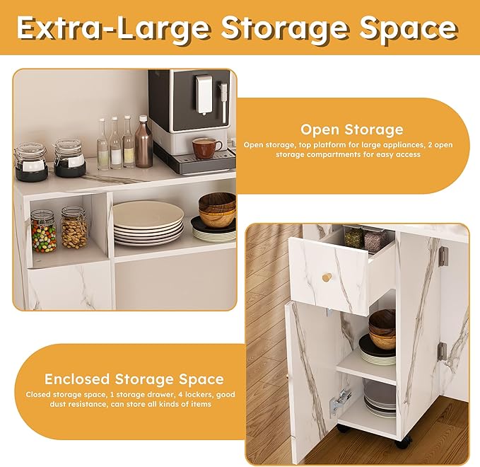 Multifunctional Folding Convertible Space-Saving Table Sideboard Cabinet Tabletop Desk Buffet Hutch Storage Shelving Cupboard Mobile Island Charger Outlets USB Wheels Locking Expandable (White)