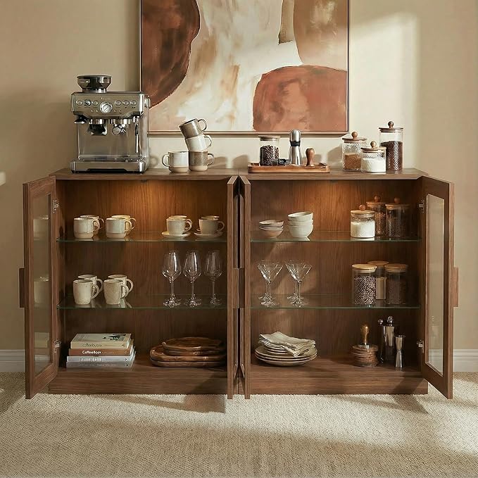 Casaphoria Adam Sideboard Buffet Cabinet with Storage, Display Cabinet with Glass Doors & Adjustable Shelves, 62" W x 36" H Buffet Cabinet for Entryway Kitchen Living Room, Walnut