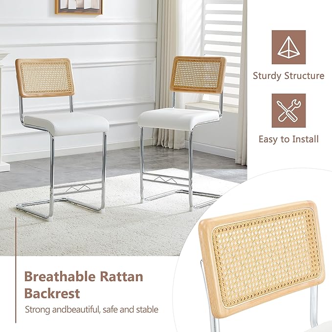 Counter Height Dining Set with Rattan Back Stools,Bar Table with 2 Drawers,Upholstered Kitchen Island Chairs,Chrome Cantilever Frame,Modern Furniture for Dining Room (No Table,2 White Chairs)