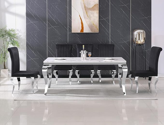 Modern Dining Table for 6-8, 68 Inch White Marble Kitchen Table with Silver Mirrored Cabriole Legs, Luxurious Rectangular Faux Marble Dining Room Table for Dining Room,Living Room(No Chairs)
