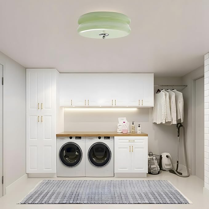 Bofea- French Retro Semi Flush Ceiling Light, Mint Green Glass LED Round Ceiling Lamp, Nordic Minimalism Flush Green Glass Light for Bedroom Corridor&Dining Room