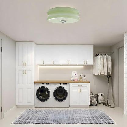 Bofea- French Retro Semi Flush Ceiling Light, Mint Green Glass LED Round Ceiling Lamp, Nordic Minimalism Flush Green Glass Light for Bedroom Corridor&Dining Room