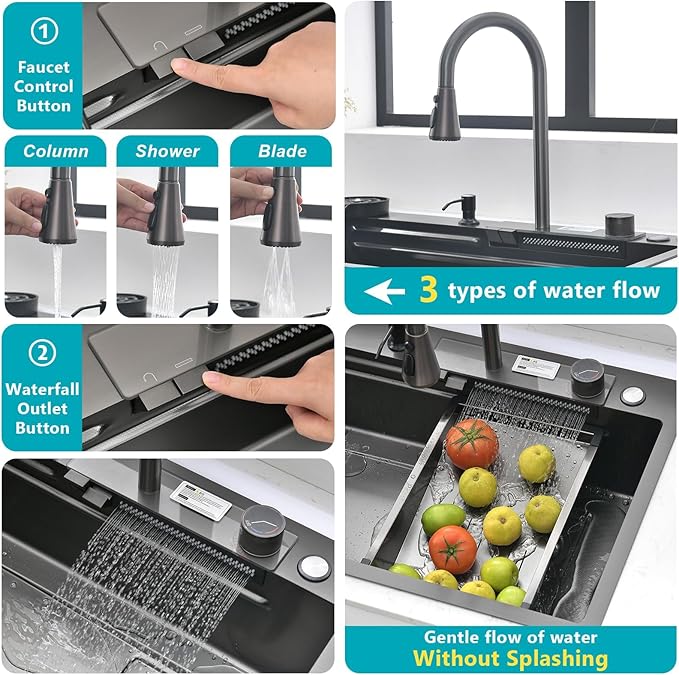Waterfall Kitchen Sink 32" x 20" Drop-in Single Bowl Sinks, SUS304 Workstation Handmade Undermount Sink With Pull-out Faucet, Cup Washer & Accessories (Black, 32" x 20")