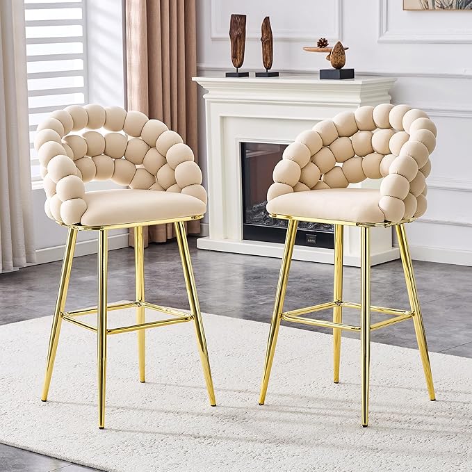 Set of 2 Beige Puffy Bubble Chair Ball Chain Chair Velvet Bar Stools with Gold Legs, Tufted Accent Bar Chairs for Kitchen Island Home Bar