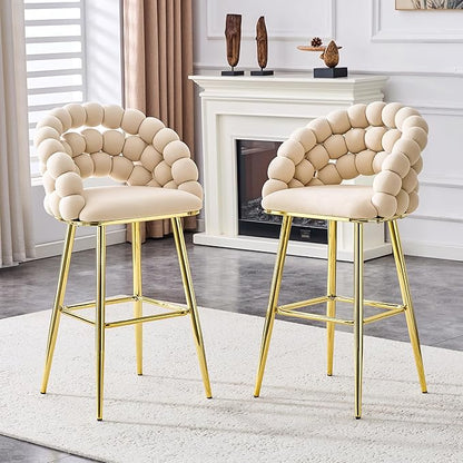 Set of 2 Beige Puffy Bubble Chair Ball Chain Chair Velvet Bar Stools with Gold Legs, Tufted Accent Bar Chairs for Kitchen Island Home Bar