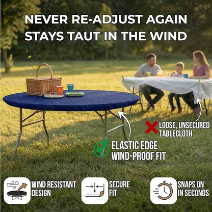 Kwik-Covers 10 Pack of Round Plastic Table Covers - 60" or 72" Round - Indoor or Outdoor Fitted Covers (Tables NOT Included) (Navy, 60" Round)