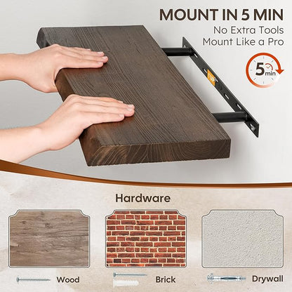 Live Edge Floating Shelf, 40 Inch Rustic Solid Elm Wood - Walnut Brown Finish with Invisible Brackets, Wall Mounted for Living Room, Kitchen, Bathroom
