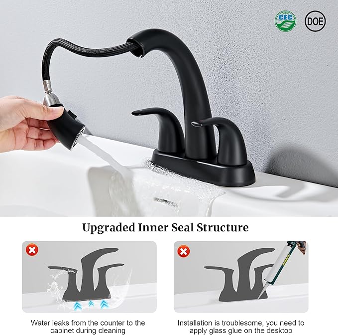 Ultimate Unicorn Matte Black Bathroom Sink Faucet - 4 Inch Centerset Pull Down Vanity Faucets 3 Hole with Pop Up Drain - Two Handle Modern Washbasin Tap Set with Pull Out Sprayer for Rv Restroom