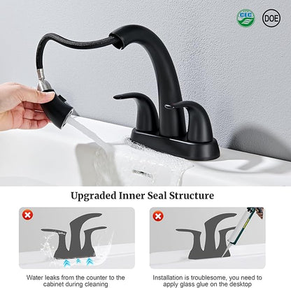 Ultimate Unicorn Matte Black Bathroom Sink Faucet - 4 Inch Centerset Pull Down Vanity Faucets 3 Hole with Pop Up Drain - Two Handle Modern Washbasin Tap Set with Pull Out Sprayer for Rv Restroom