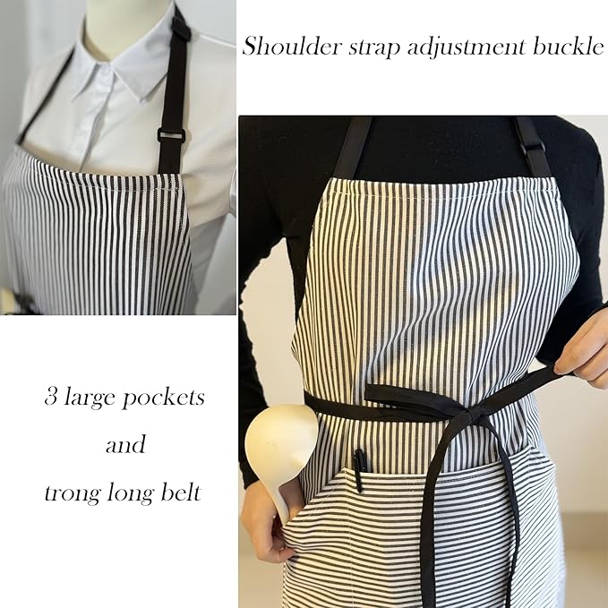 Kitchen Apron with 3 Pocket, Adjustable Server Apron, Waitress Apron with Pockets Stripes