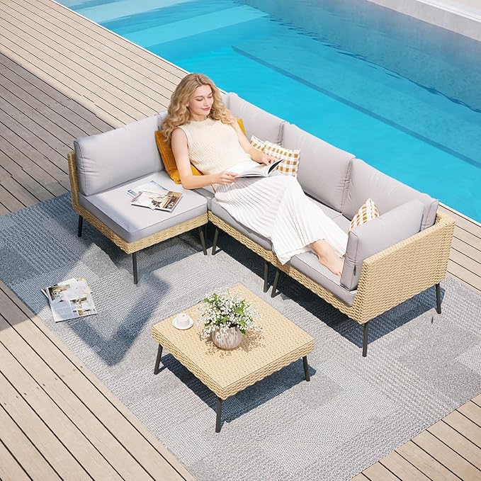 Aoxun 5-Piece Patio Furniture Set, Wicker Outdoor Furniture with Water Resistant Thick Cushions, Patio Conversation Set Outdoor Sectional Sofa with Coffee Table for Backyard Poolside, Light Grey