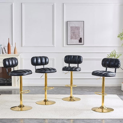 Set of 2 Bar Stools with Adjustable Height, Black PU Leather Upholstered Stools with Gold Metal Base Footrest for Kitchen Island, Home Bar, Game Room