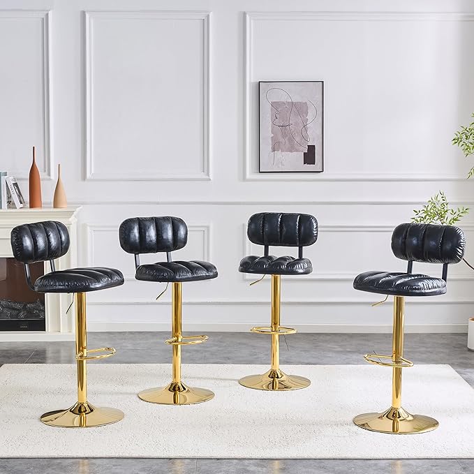 Set of 2 Bar Stools with Adjustable Height, Black PU Leather Upholstered Stools with Gold Metal Base Footrest for Kitchen Island, Home Bar, Game Room