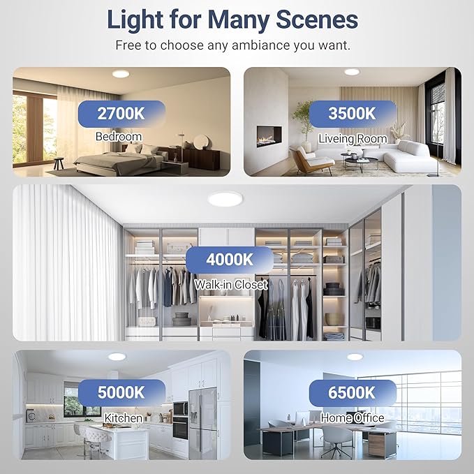 6 Pack 2640LM LED Flush Mount Ceiling Light, 24W Dimmable & 5 CCT Selectable (2700K-6500K), 12 Inch Ultra-Thin Round Flat Light Fixture for Bedroom Kitchen Hallway, White
