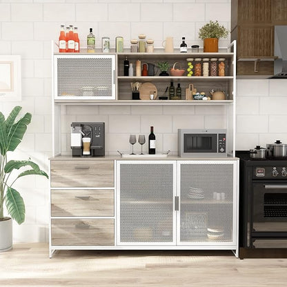 AGOTENI Large Kitchen Hutch Cabinet, Storage Cupboard Pantry with 3 Metal Doors, 3 Drawers & Microwave Shelf, for Kitchen Open Storage, Oak (59" W x 15.7" D x 68.5" H)