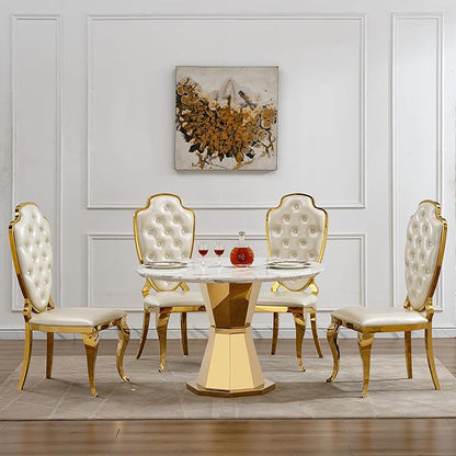 47" Round Marble Dining Table for 4-6, Luxury Modern Kitchen Table with Marble Grain MDF Tabletop & Gold Mirrored Stainless Steel Pedestal Base, Grey Stone Dinner Table for Dining Room (Table Only)