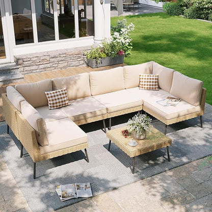Aoxun Outdoor Patio Furniture Set, 7-Piece Wicker Patio Conversation Set Sectional Sofa with Water Resistant Thick Cushion & Coffee Table for Backyard Porch Poolside, Beige