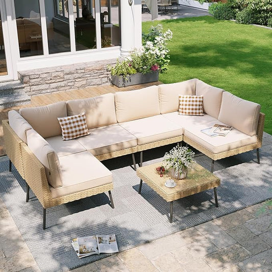 Aoxun Outdoor Patio Furniture Set, 7-Piece Wicker Patio Conversation Set Sectional Sofa with Water Resistant Thick Cushion & Coffee Table for Backyard Porch Poolside, Beige