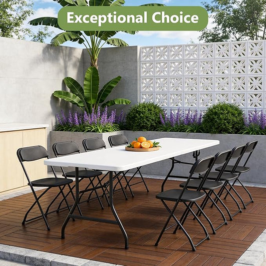 Folding Table 8FT Heavy Duty Plastic Table with Handle, Foldable&Portable, Fold-in-Half Utility Tables for Outdoor, Dining, Wedding, Events, Indoor, Picnic, Camping, Party, White