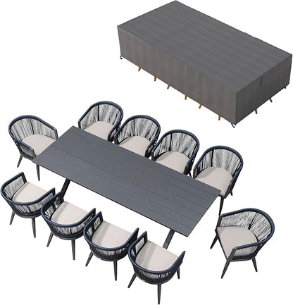 PURPLE LEAF Outdoor Dining Set with Waterproof Furniture Cover 11-Piece All-Weather Patio Set for 10 with Gray Aluminum Table Rope Weave Chairs and Cushions, Gray
