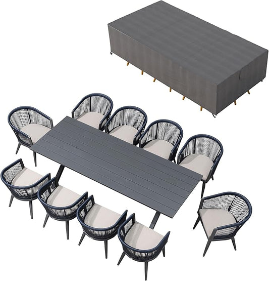 PURPLE LEAF Outdoor Dining Set with Waterproof Furniture Cover 11-Piece All-Weather Patio Set for 10 with Gray Aluminum Table Rope Weave Chairs and Cushions, Gray