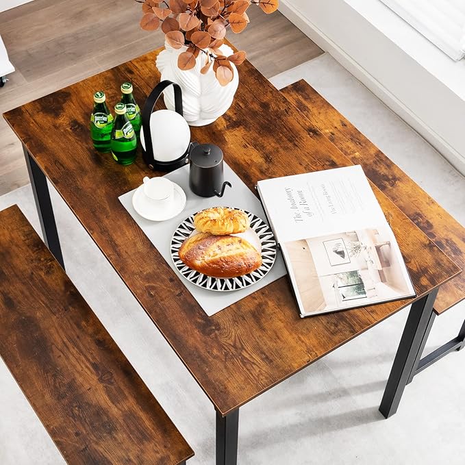 Giantex Dining Table Set for 4, Industrial Kitchen Table Set w/ 2 Benches, Space-Saving Dinette Set for Breakfast Nook, Dining Room, Kitchen, Easy Assembly (Mix Brown)