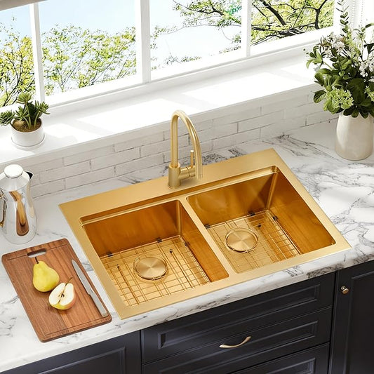 MILOSEN Gold Double Bowl Kitchen Sink, 31''x22'' Gold Workstation Sink 50/50 Topmount Double Basin with Accessories, Drop in 16 Gauge T304 Stainless Steel Sinks,10'' Deep and Large Handmade Sink