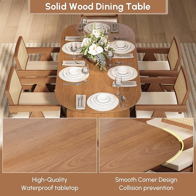 homary Japandi Oval Dining Table for 6, 70.9" Solid Pine Wood Kitchen Table, Modern Mid Century Minimalist Kitchen & Dining Room Table, Double Pedestal Base, Walnut