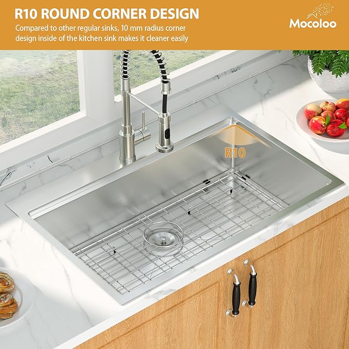 Mocoloo 33 x 22 Inch Drop In Kitchen Sink - 33 Inch Topmount Kitchen Sinks Stainless Steel 16 Gauge Single Bowl Top Mount Handmade Workstation Sink, 10'' Deep Basin Modern
