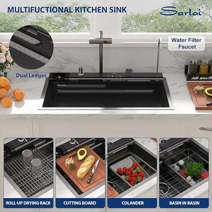 Sarlai Waterfall Kitchen Sink - 30 Inch Black Drop In Workstation Sink With Waterfall 33x19 Inch Black Stainless Steel 16 Gauge Multifunction Single Bowl Top Mount Kitchen Sinks with HoneyComb Finish