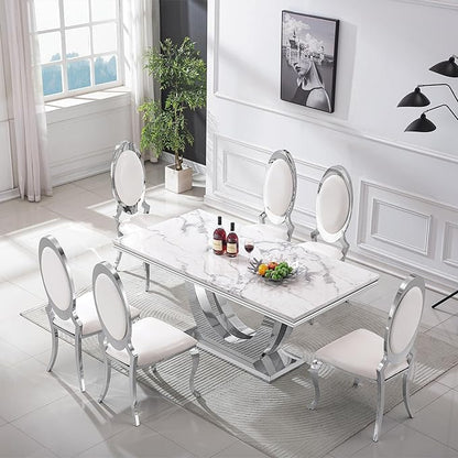 Modern Dining Table for 6-8, 68 Inch White Marble Kitchen Table with Silver Mirrored U-Shape Base, Luxurious Rectangular Faux Marble Dining Room Table for Dining Room,Living Room