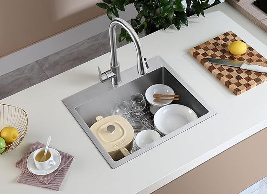 MENATT 23 Inch Drop in Kitchen Sink Brushed, Stainless Steel Single Hole Single Bowl Topmount Kitchen Sinks with Drain Strainer & Grid, D23"xW18"xH9"