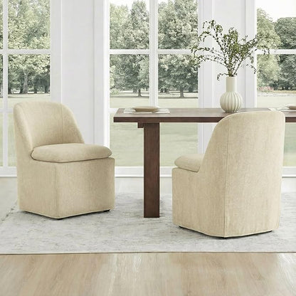 KISLOT Upholstered Dining Chairs Set of 4 with Casters, Modern Side Armless Deskchair with Washable Slipcover & Sturdy Metal Frame for Diningroom Bedroom Livingroom Reading Room, Sand Fabric