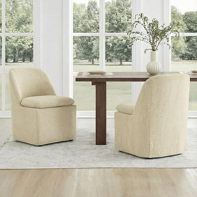 KISLOT Upholstered Dining Chairs Set of 2 with Casters, Modern Side Armless Deskchair with Washable Slipcover & Sturdy Metal Frame for Diningroom Bedroom Livingroom Reading Room, Sand Fabric