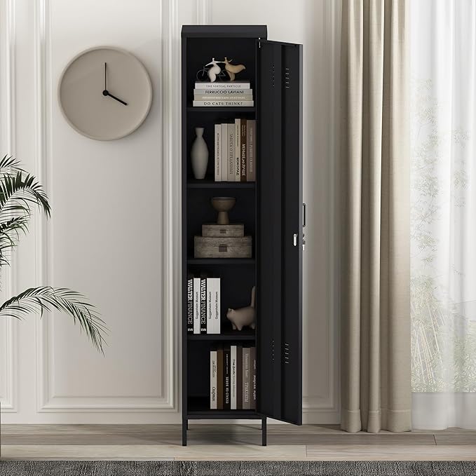 Manhattan Comfort Naomi 72.8'' Tall Storage Cabinet, Single Metal Locker with Lock, Adjustable Shelves, Vented Door & Floor Protectors, Modern Garage & Office Organizer, Black