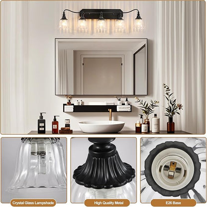LmnLvn Bathroom Vanity Black Vintage Light Fixture, 5 Lights Bathroom Lighting Matte Antique Brass Finish with Crystal Glass Shade, Black Vintage Vanity Light