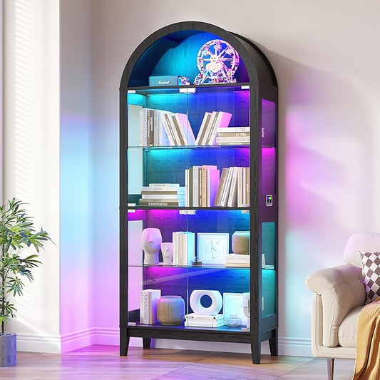 HNEBC Arched Book Shelf with Glass Doors, LED Bookcase with RGB Lights, 5 Tier Cabinet Has 9-Cube Storage, 69" Display Cabinet for Living Room,Bedroom(Black)
