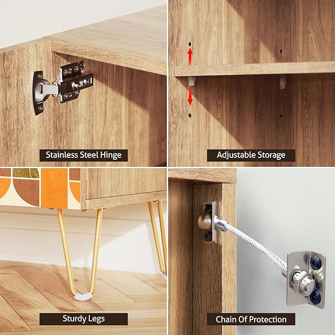 SIGNWIN Sideboard Buffet Cabinet, Kitchen Storage Cabinet with 2 Doors, Orange & Brown Retro Polygon Pattern, Cupboard Console Table for Dining Room - 35" L x 18" W x 29" H