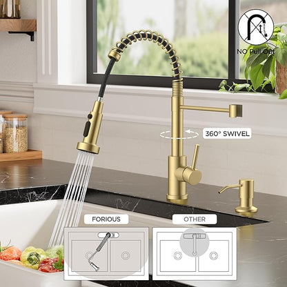 FORIOUS Kitchen Faucets with Sprayer, Gold Stainless Steel Sink Faucet Single Handle with Deck Plate, Commercial Classic Spring Faucet for Kitchen Sink, Bar & Prep Sinks, Laundry RV Camper