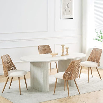 Rattan Dining Chairs, Upholstered Dining Chairs with Armless and PE Cane Backrest, Mid Century Modern Dining Room Chairs with Metal Legs for Kitchen Island,Set of 4