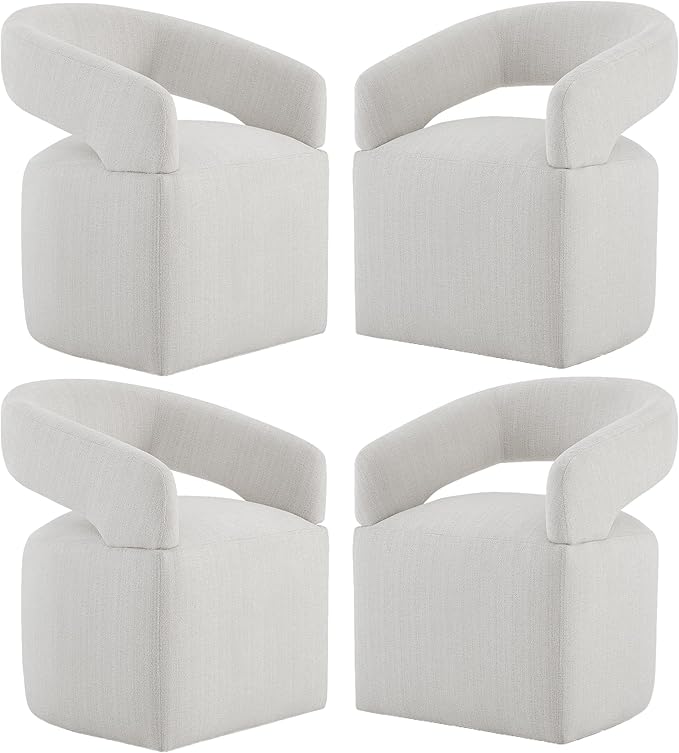 KISLOT Upholstered Dining Chairs with Casters, Modern Barrel Side Armchair with Rollers for Dining Room, Bedroom, Kitchen, Reading Room, Linen, Set of 4