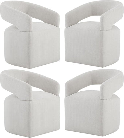 KISLOT Upholstered Dining Chairs with Casters, Modern Barrel Side Armchair with Rollers for Dining Room, Bedroom, Kitchen, Reading Room, Linen, Set of 4