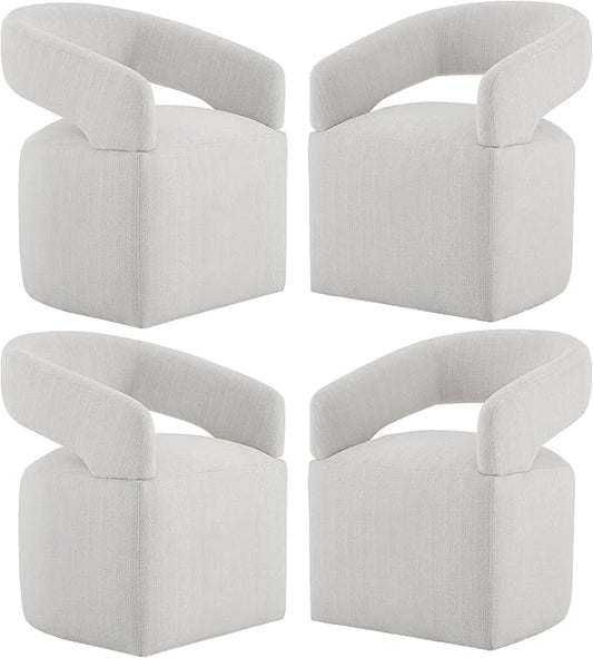 KISLOT Upholstered Dining Chairs with Casters, Modern Barrel Side Armchair with Rollers for Dining Room, Bedroom, Kitchen, Reading Room, Linen, Set of 4