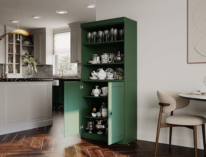 Palace Imports 100% Solid Wood Kitchen Pantry w/ 2 Wood Doors, Green, 32" w x 71.5" h, Renewable Eco-Friendly Pine, Made in Brazil
