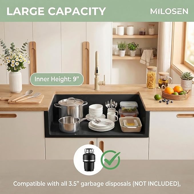 MILOSEN Black Kitchen Sink 28×18×9 Inch, Undermount/Drop In Granite Composite Quartz Single Bowl Sink, Large Deep Kitchen Sink with Custom Accessories