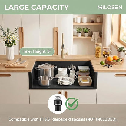 MILOSEN Black Kitchen Sink 31×18×9 Inch, Undermount/Drop In Granite Composite Quartz Single Bowl Sink, Large Deep Undermount Kitchen Sinks with Custom Accessories