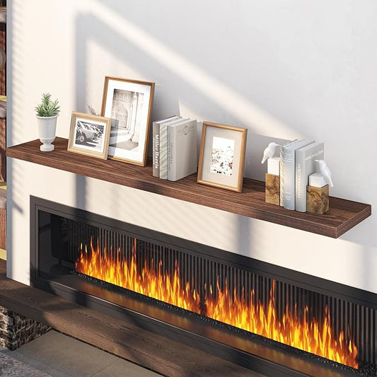 Fun Memories 66 Inch Floating Shelves, 12 Inch Deep Wall Shelf for Fireplace Mantel, Walnut Deep Storage Shelves for Home & Office, Long Floating Shelf with Invisible Bracket, Set of 2