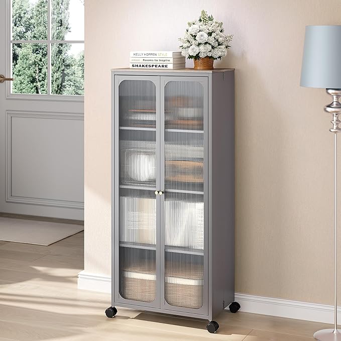 Metal Storage Cabinet Organizer,Kitchen Storage Cabinets With Doors and Shelves,Small Tall Narrow Cabinet with Acrylic Doors & Wheels, Slim Office Cabinets Shelf,NO SCREW NO TOOL ASSEMBLY,Gray