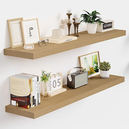 Vivelove 36 Inch Floating Shelves for Wall, 9" Deep Display Shelves for Bathroom Living Room Kitchen Bedroom Office Farmhouse Home Decor - Set of 2, Oak