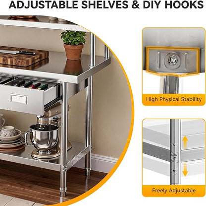 DWVO 60x24in Stainless Steel Table, NSF Metal Prep Worktable with Adjustable Overshelf & 3 Drawers for Kitchen Restaurant Hotel Garage Warehouse Home